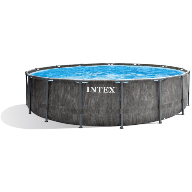 foto del prodotto intex 26742np piscina fuori terra prisma frame greywood rotonda, pompa filtro 3785 l h, scaletta, telo base e copertura, 16805 l, acciaio e pvc,