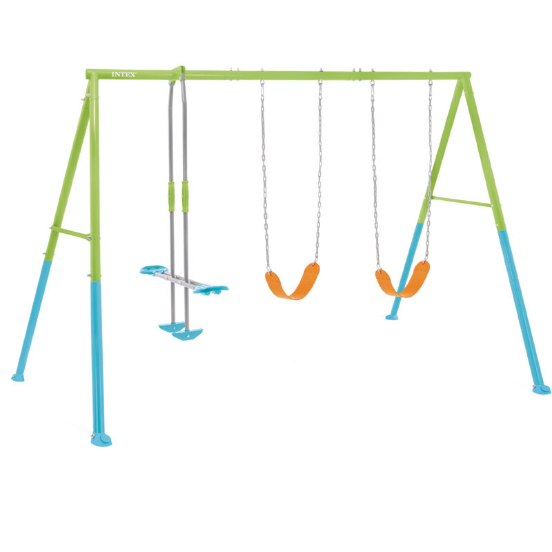 foto del prodotto intex 44121 altalena con due seggiolini e dondolo, acciaio, verde e azzurro, 343x249x203 cm