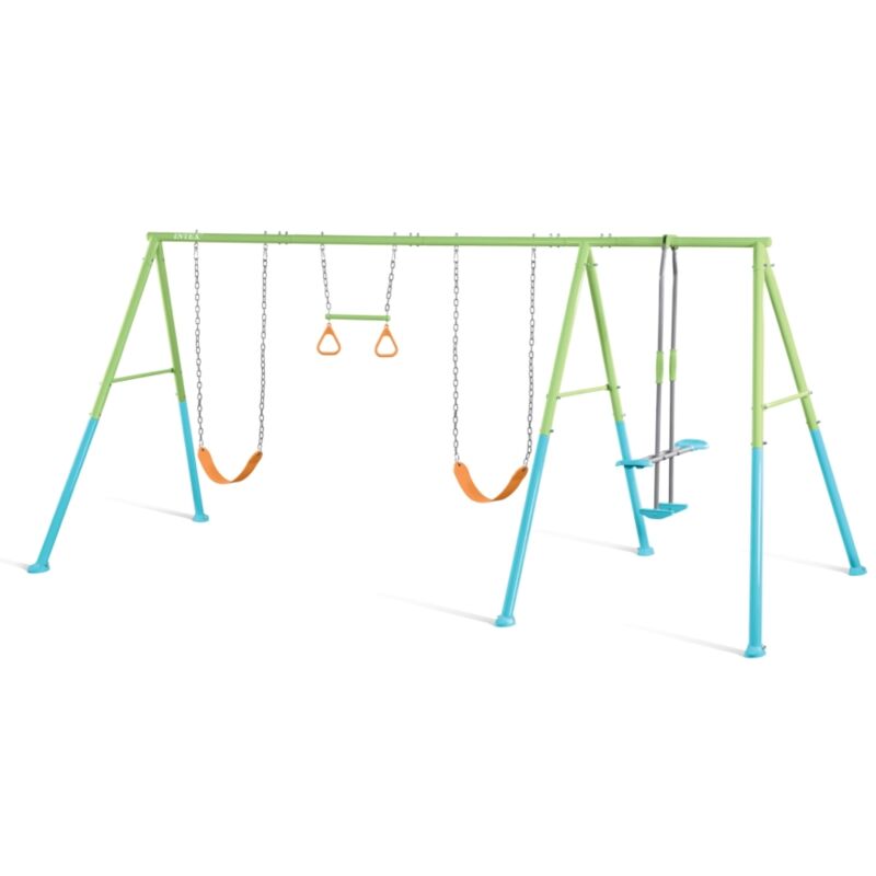 foto del prodotto intex 44130 altalena con due seggiolini, dondolo e trapezi, acciaio, verde e azzurro, 465x249x203 cm