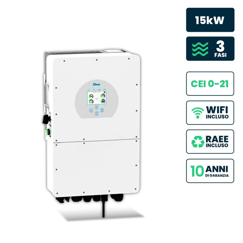 foto del prodotto inverter fotovoltaico deye trifase ibrido alta tensione on-grid off-grid 15kw cei 0-21, schermo lcd touch a colori, smart meter integrato, wifi e ta, garanzia 10 anni ip65 sku-12169