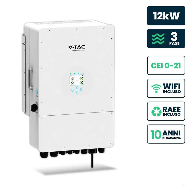 foto del prodotto inverter fotovoltaico deye trifase ibrido on grid off grid 12kw cei 0 21 con schermo lcd touch a colori, smart meter integrato, wifi e ta inclusi garanzia 10 anni ip65 sku 11543