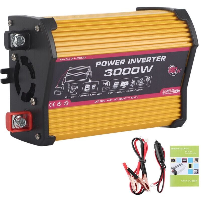 foto del prodotto inverter per auto 300w, convertitore di potenza per auto con doppia porta usb, convertitore di tensione con adattatore a onda sinusoidale modificata