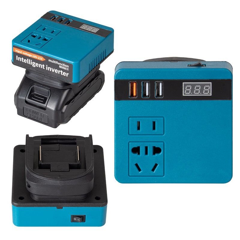foto del prodotto inverter per batteria al litio da 120 w per batteria makita, utensili al litio, inverter ca da 21 v a 220 v, doppio motore intelligente, protezioni