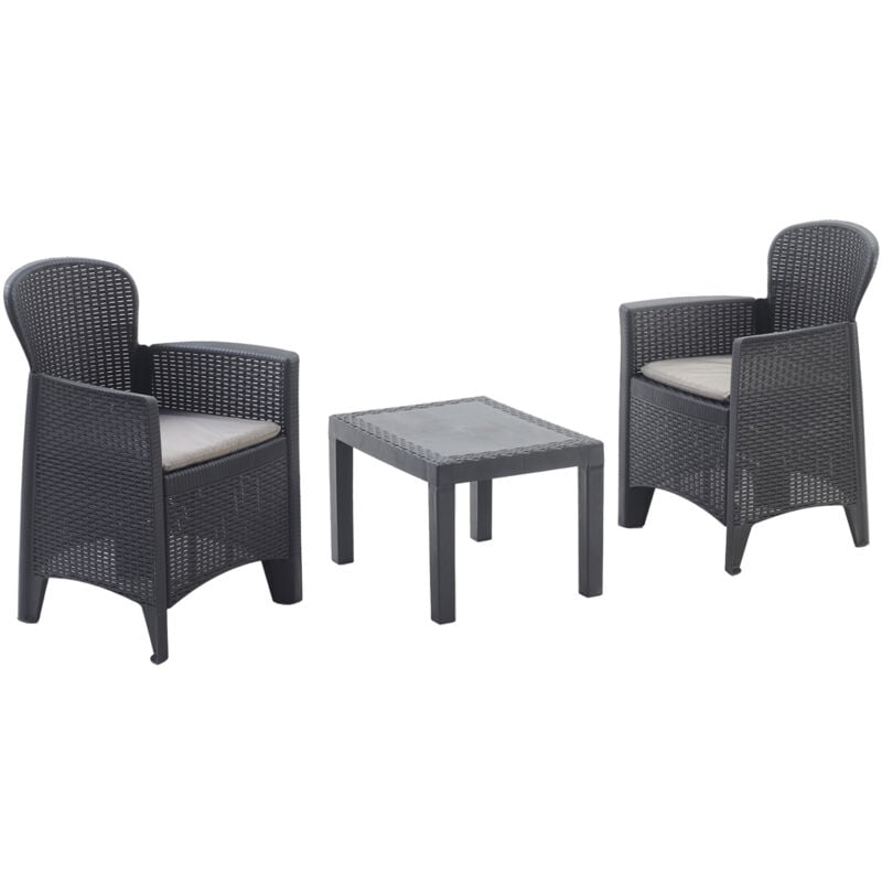 foto del prodotto ipae progarden progarden set giardino, salotto da giardino made in italy, tavolo e 2 poltrone antracite con cuscini in polipropilene