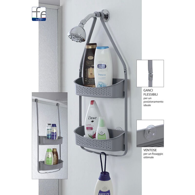 foto del prodotto iperbriko mensola doccia in pvc 2 ripiani con ganci porta oggetti bianco grigio tortora, tortora 