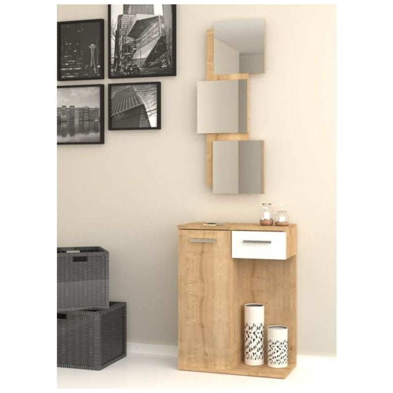 foto del prodotto iperbriko mobile da ingresso con specchio rovere bianco cassetto mobiletto entrata moderno