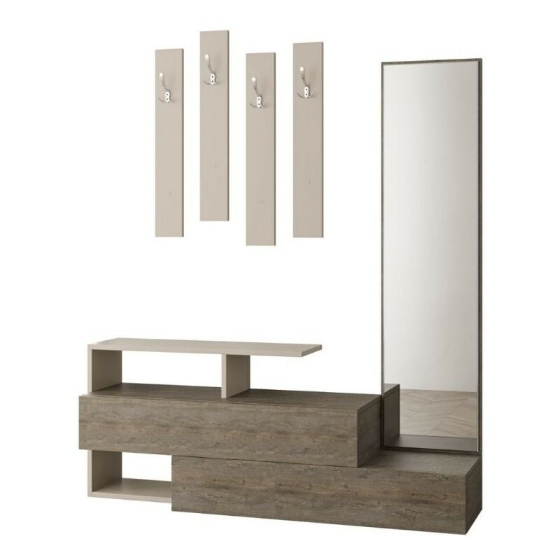 foto del prodotto iperbriko mobile da ingresso tortora e noce con specchio ramda 137x35xh.154 cm