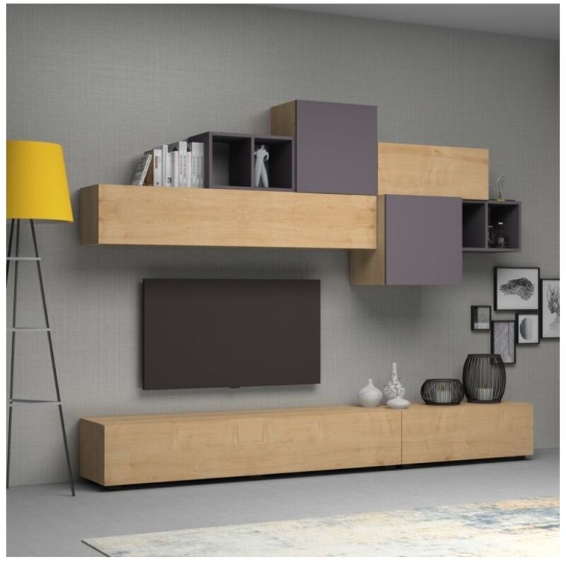 foto del prodotto iperbriko parete attrezzata in legno tortora e rovere 260 cm mobile tv con ante
