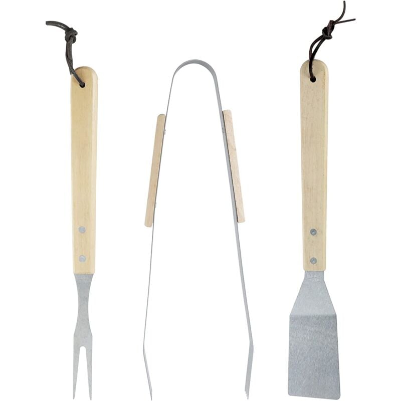 foto del prodotto iperbriko set di 3 attrezzi per barbecue in acciaio e legno spatola, pinza e forchettone dimensioni 35 x 6.8 x 1.5 cm, 35 x 9.5 x 2.5 cm, 35 x