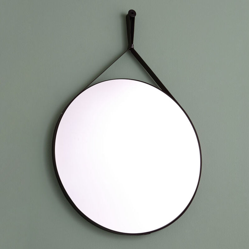 foto del prodotto iperbriko specchio bagno rotondo con laccio pelle nera