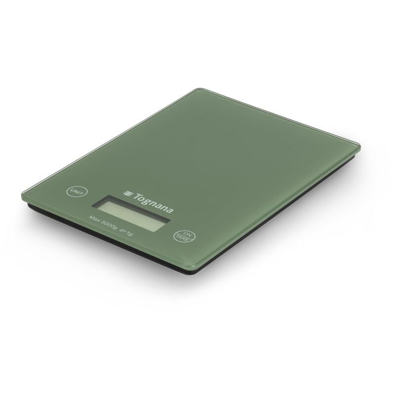foto del prodotto iridea, bilancia da cucina con display ldc e tasti touch screen, verde salvia tognana