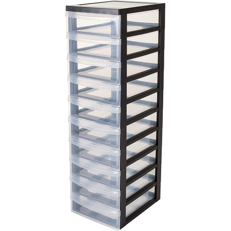 foto del prodotto iris ohyama cassettiera in plastica con ruote, 10 cassetti piccoli, nero, maniglie facili da tirare, organizzatore, per camera da letto, bagno,
