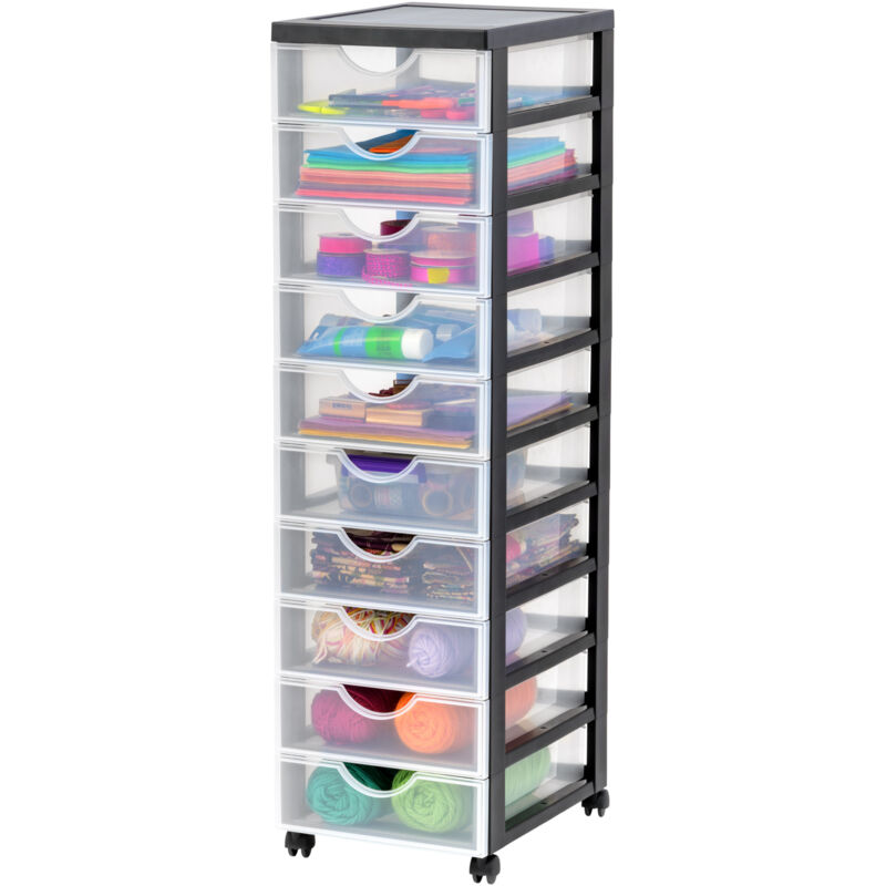 foto del prodotto iris ohyama cassettiera in plastica con ruote, 10 cassetti piccoli, nero, maniglie facili da tirare, organizzatore, per camera da letto, bagno,