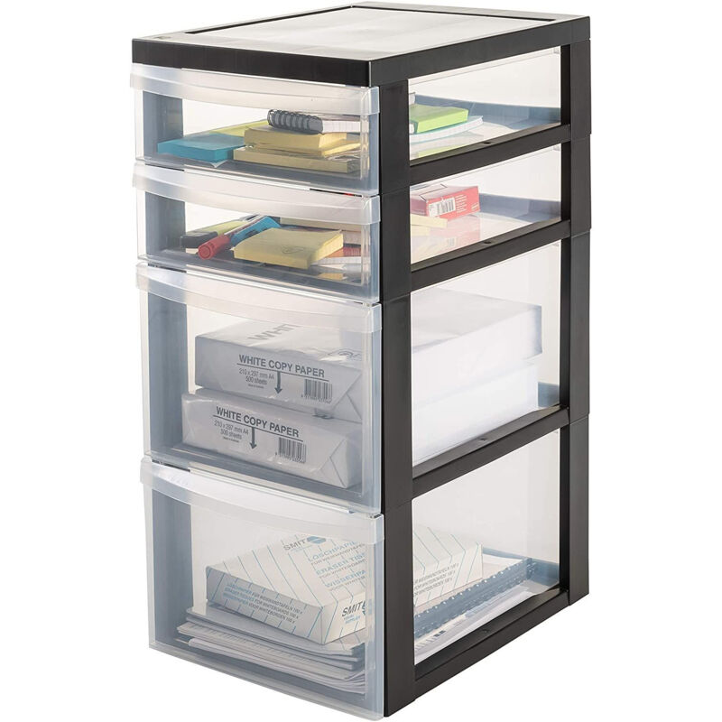 foto del prodotto iris ohyama cassettiera in plastica con ruote, 2 grandi 2 cassetti piccoli, nero, maniglie facili da tirare, organizzatore, per camera da letto,
