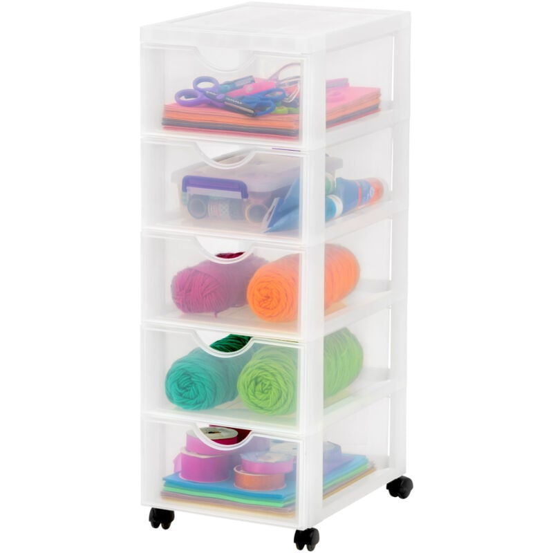 foto del prodotto iris ohyama cassettiera in plastica con ruote, 5 cassetti grandi, biancastro, maniglie facili da tirare, organizzatore, per camera da letto, bagno,