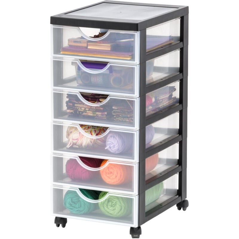 foto del prodotto iris ohyama cassettiera in plastica con ruote, 6 cassetti piccoli, nero, maniglie facili da tirare, organizzatore, per camera da letto, bagno, scuola