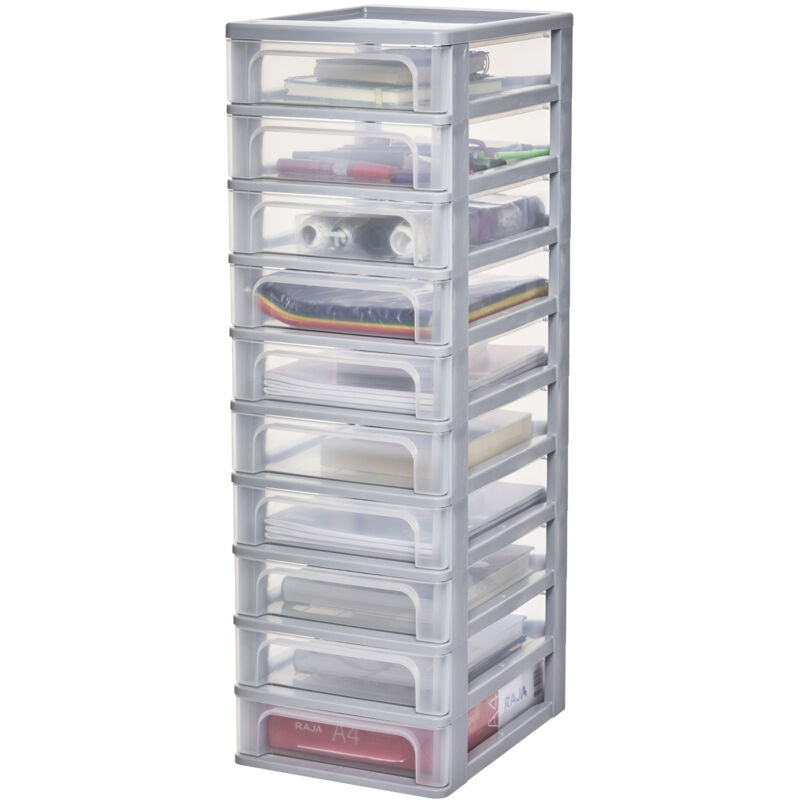 foto del prodotto iris ohyama cassettiera in plastica, portaoggetti, 10 cassetti medi, grigio, apertura facile, formato a4, a5 e a6, organizzatore, per ufficio,