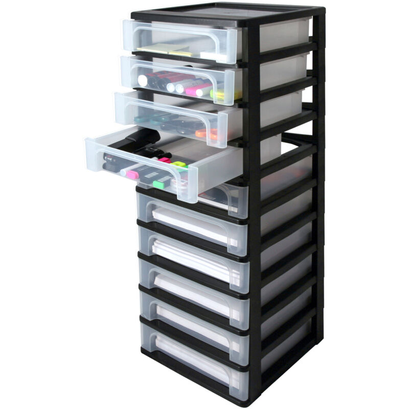 foto del prodotto iris ohyama cassettiera in plastica, portaoggetti, 10 cassetti medi, nero, apertura facile, formato a4, a5 e a6, organizzatore, per ufficio,