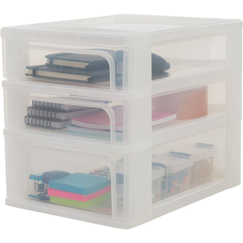 foto del prodotto iris ohyama cassettiera in plastica, portaoggetti, 2 cassetti piccoli e 1 medio, bianco, apertura facile, formato a4, trasparente, per ufficio,
