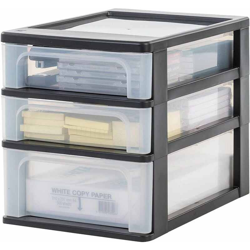foto del prodotto iris ohyama cassettiera in plastica, portaoggetti, 2 cassetti piccoli e 1 medio, nero, apertura facile, formato a4, trasparente, per ufficio,