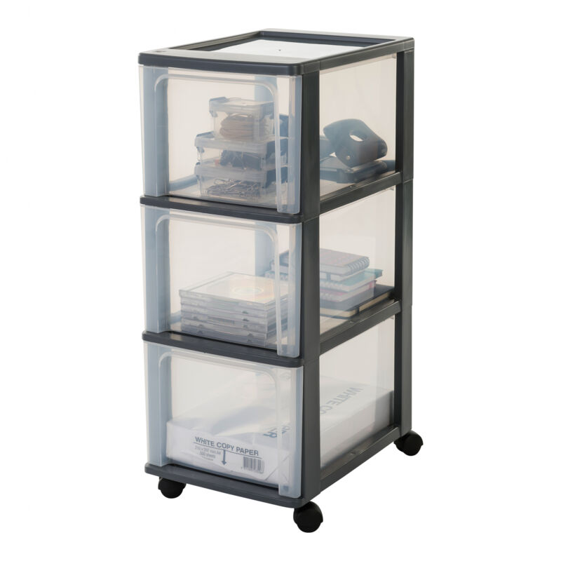 foto del prodotto iris ohyama cassettiera in plastica, portaoggetti, 3 cassetti grandi, nero, apertura facile, formato a4, a5 e a6, organizzatore, per ufficio,