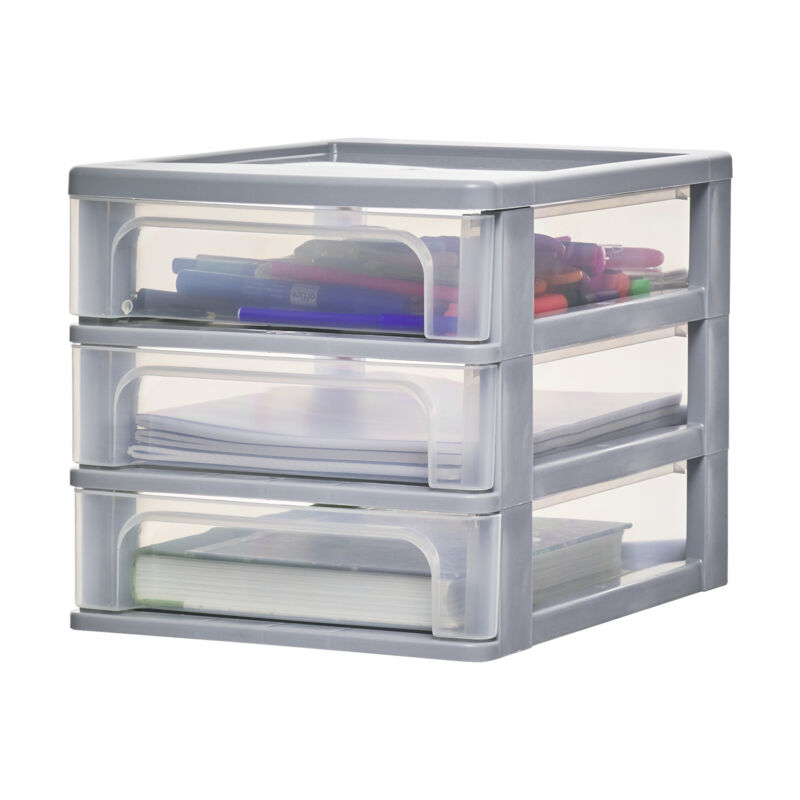 foto del prodotto iris ohyama cassettiera in plastica, portaoggetti, 3 cassetti medi, grigio, apertura facile, formato a4, trasparente, per ufficio, documenti,