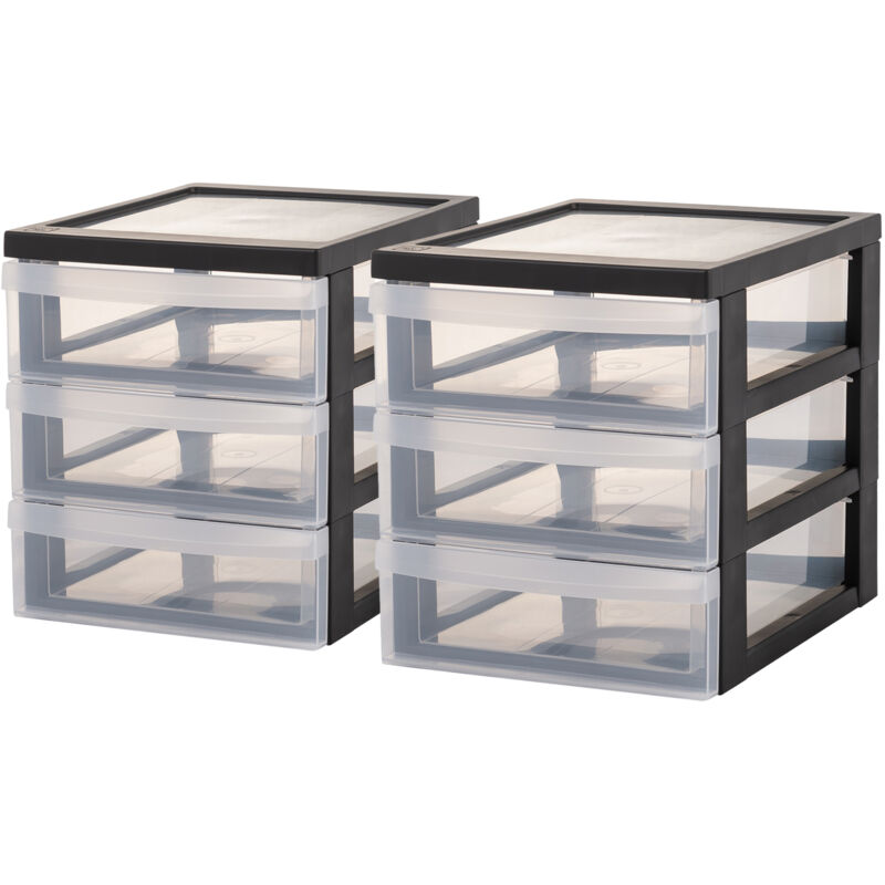 foto del prodotto iris ohyama cassettiera in plastica, portaoggetti, 3 cassetti medi, lotto di 2, nero, apertura facile, formato a5, trasparente, per ufficio,