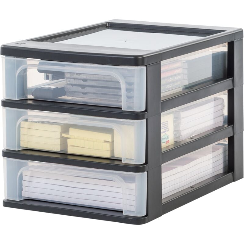 foto del prodotto iris ohyama cassettiera in plastica, portaoggetti, 3 cassetti medi, nero, apertura facile, formato a4, trasparente, per ufficio, documenti,