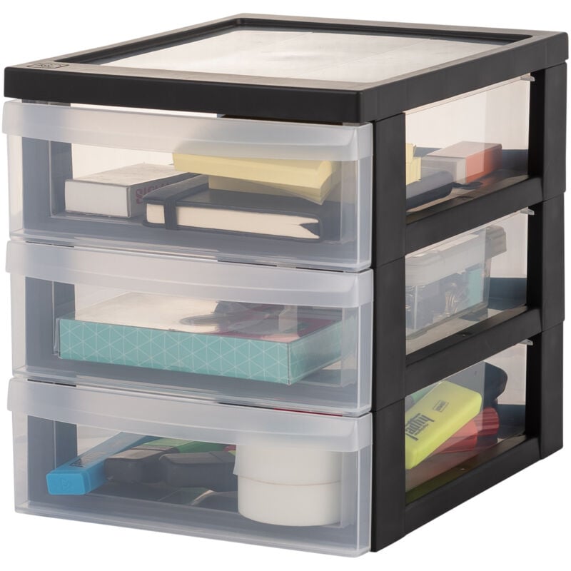 foto del prodotto iris ohyama cassettiera in plastica, portaoggetti, 3 cassetti medi, nero, apertura facile, formato a5, trasparente, per ufficio, documenti,