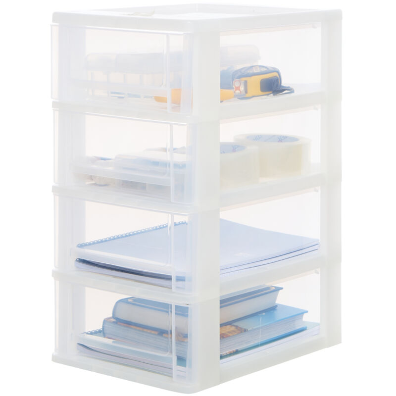 foto del prodotto iris ohyama cassettiera in plastica, portaoggetti, 4 cassetti medi, bianco, apertura facile, formato a4, a5 e a6, organizzatore, per ufficio,