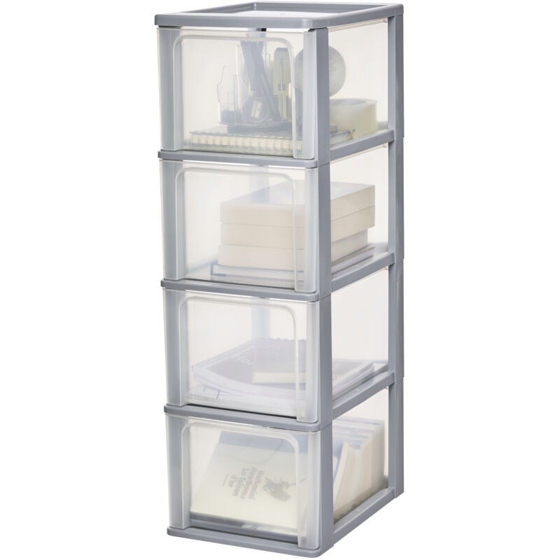 foto del prodotto iris ohyama cassettiera in plastica, portaoggetti, 4 cassetti medi, grigio, apertura facile, formato a4, a5 e a6, organizzatore, per ufficio,