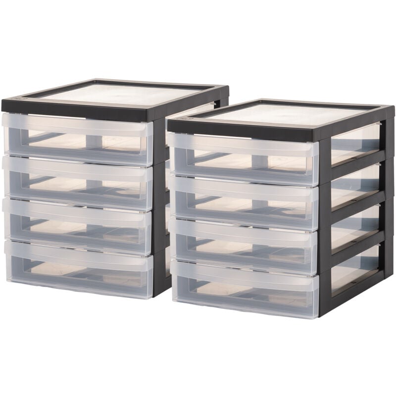 foto del prodotto iris ohyama cassettiera in plastica, portaoggetti, 4 cassetti medi, lotto di 2, nero, apertura facile, formato a5, trasparente, per ufficio,