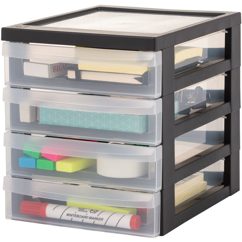 foto del prodotto iris ohyama cassettiera in plastica, portaoggetti, 4 cassetti medi, nero, apertura facile, formato a5, trasparente, per ufficio, documenti,