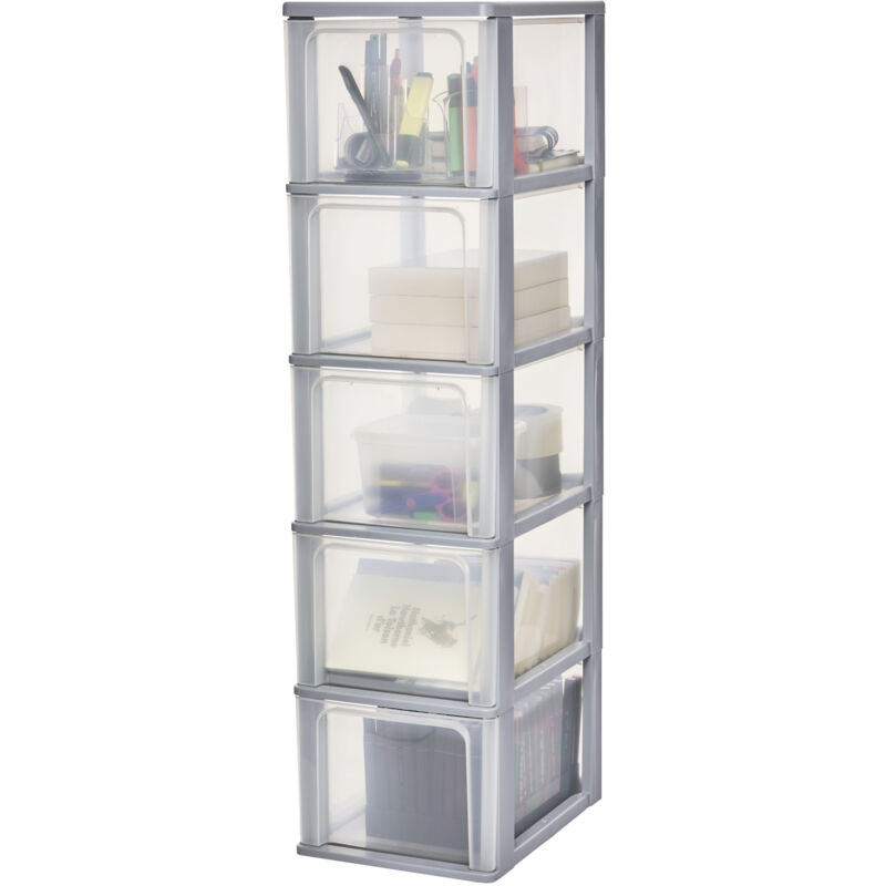 foto del prodotto iris ohyama cassettiera in plastica, portaoggetti, 5 cassetti grandi, grigio, apertura facile, formato a4, a5 e a6, organizzatore, per ufficio,