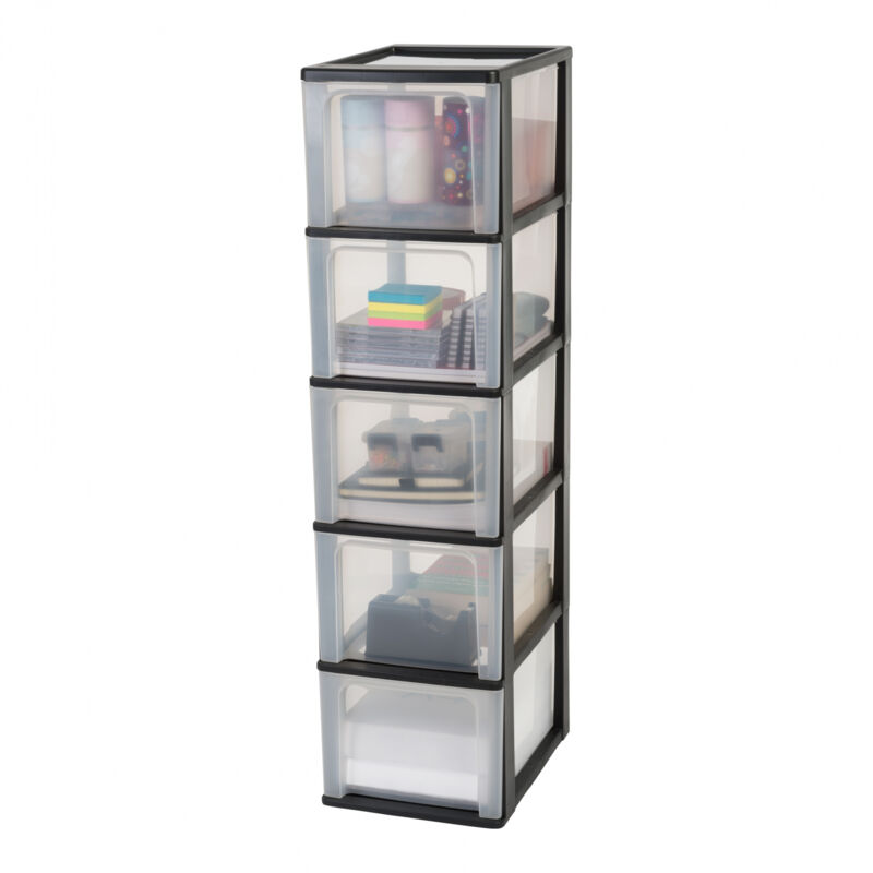 foto del prodotto iris ohyama cassettiera in plastica, portaoggetti, 5 cassetti grandi, nero, apertura facile, formato a4, a5 e a6, organizzatore, per ufficio,