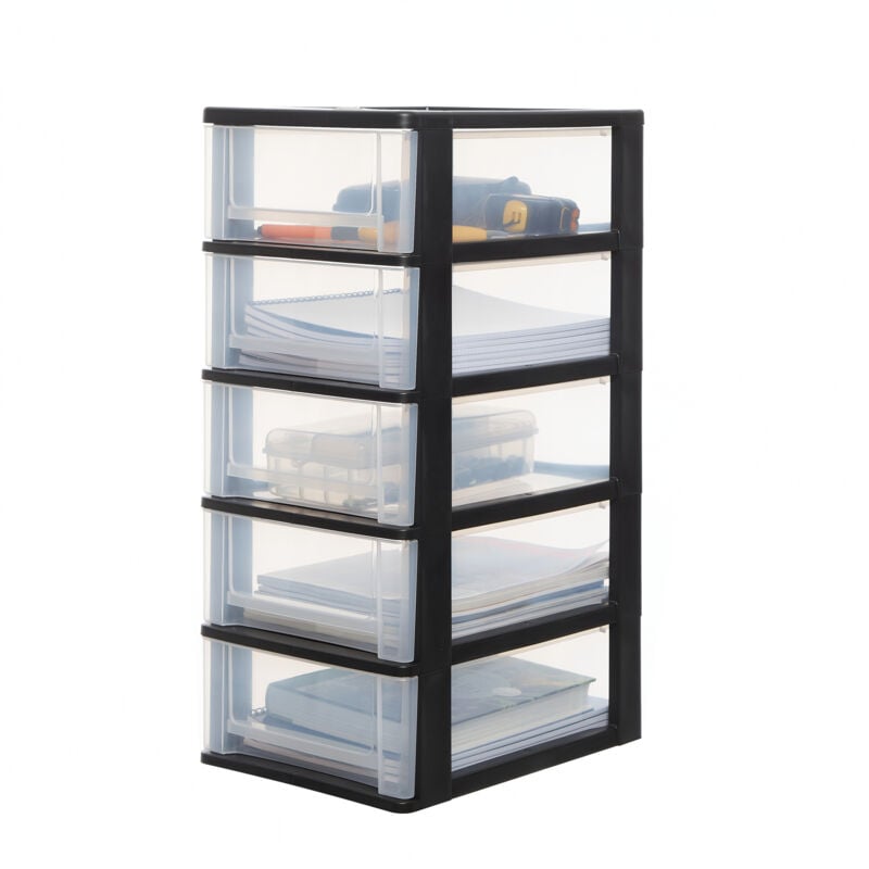foto del prodotto iris ohyama cassettiera in plastica, portaoggetti, 5 cassetti medi, nero, apertura facile, formato a4, a5 e a6, organizer, per ufficio, scuola,