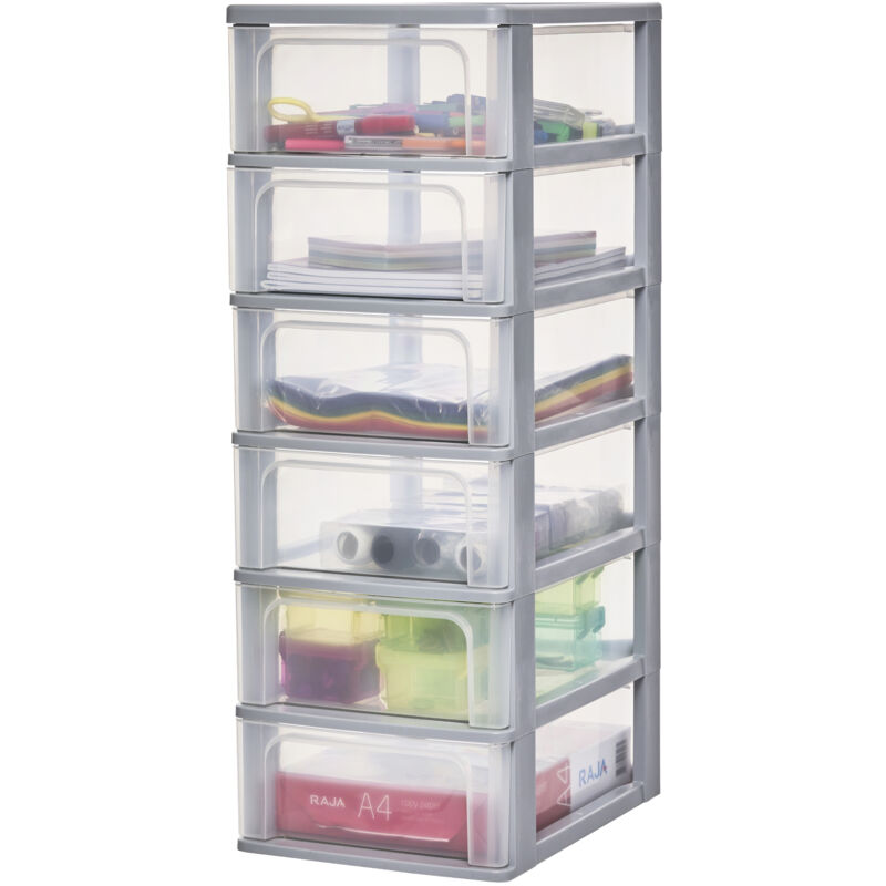 foto del prodotto iris ohyama cassettiera in plastica, portaoggetti, 6 cassetti medi, grigio, apertura facile, formato a4, a5 e a6, organizzatore, per ufficio,