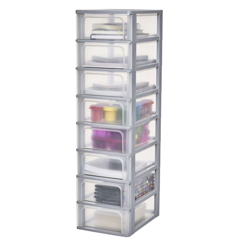 foto del prodotto iris ohyama cassettiera in plastica, portaoggetti, 8 cassetti medi, grigio, apertura facile, formato a4, a5 e a6, organizzatore, per ufficio,
