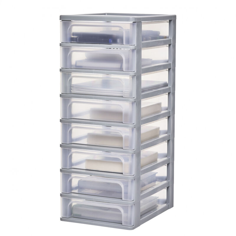 foto del prodotto iris ohyama cassettiera in plastica, portaoggetti, 8 cassetti medi, grigio, apertura facile, formato a4, a5 e a6, organizzatore, per ufficio,