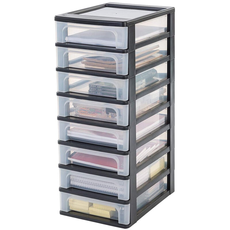 foto del prodotto iris ohyama cassettiera in plastica, portaoggetti, 8 cassetti medi, nero, apertura facile, formato a4, a5 e a6, organizzatore, per ufficio, scuola,