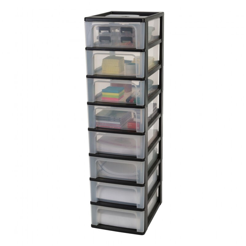 foto del prodotto iris ohyama cassettiera in plastica, portaoggetti, 8 cassetti medi, nero, apertura facile, formato a4, a5 e a6, organizzatore, per ufficio, scuola,
