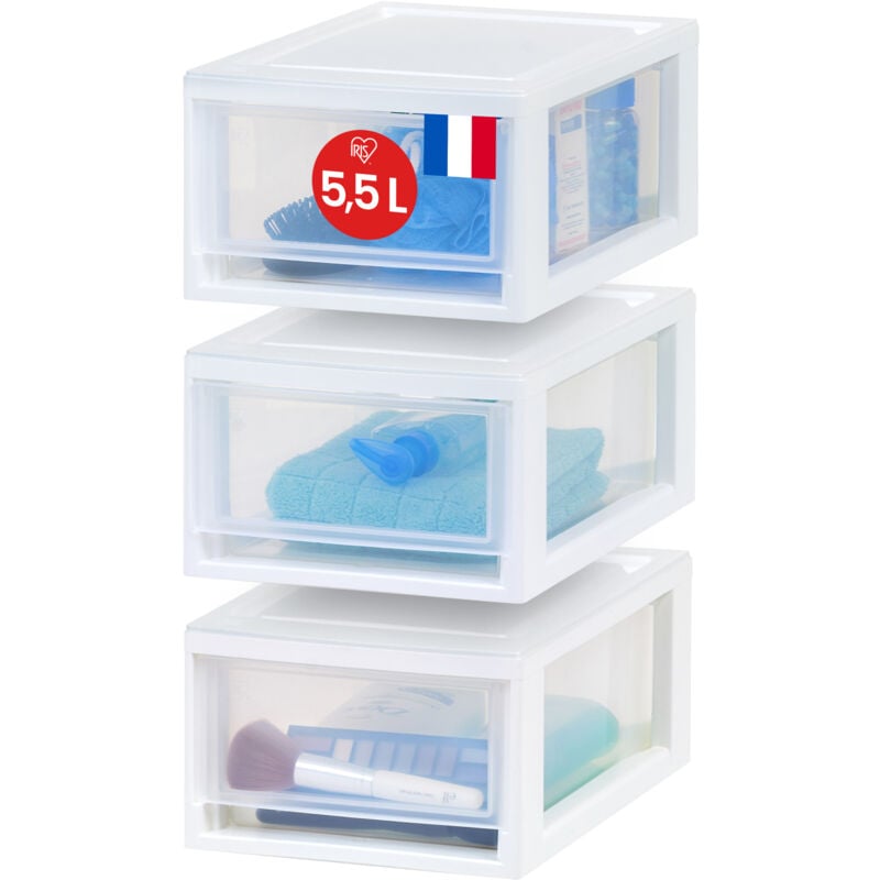 foto del prodotto iris ohyama clear plastic storage drawer, stackable, white, 7l, set of 3, multifunctional, visible content, for groceries, bathroom, toys, office,