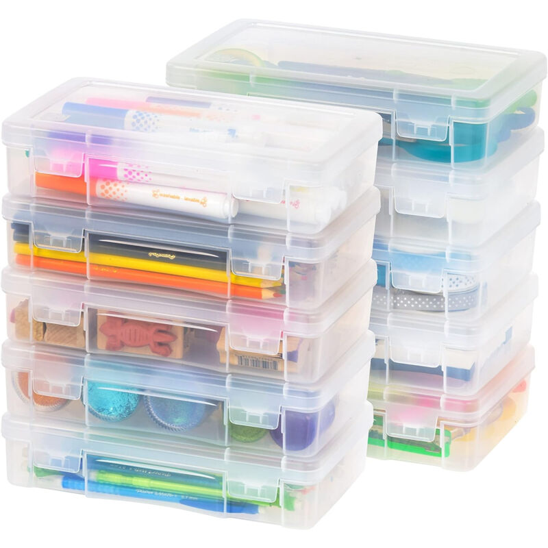 foto del prodotto iris ohyama contenitori in plastica per ufficio, 1,4 l, lotto di 10, trasparenti, impilabili, chiusura a scatto, per cancelleria, documenti, penne