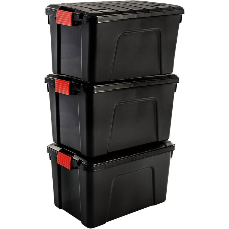 foto del prodotto iris ohyama grande contenitore in plastica, contenitore per garage da 60 litri, lotto di 3, sia 60, nero, impilabile, clip di chiusura l59 x