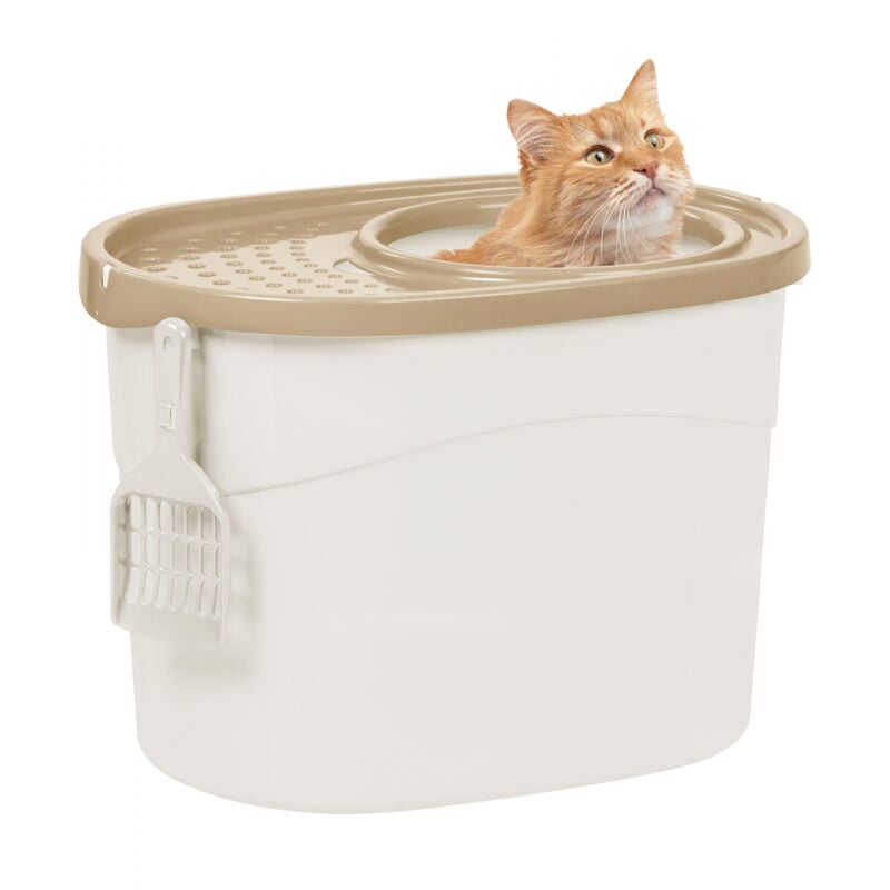 foto del prodotto iris ohyama lettiera per gatti, fino a 7kg, 1 pala, beige, ingresso top, cat litter trey, chiuso, per gattini, lato alto, con cappuccio, grande,
