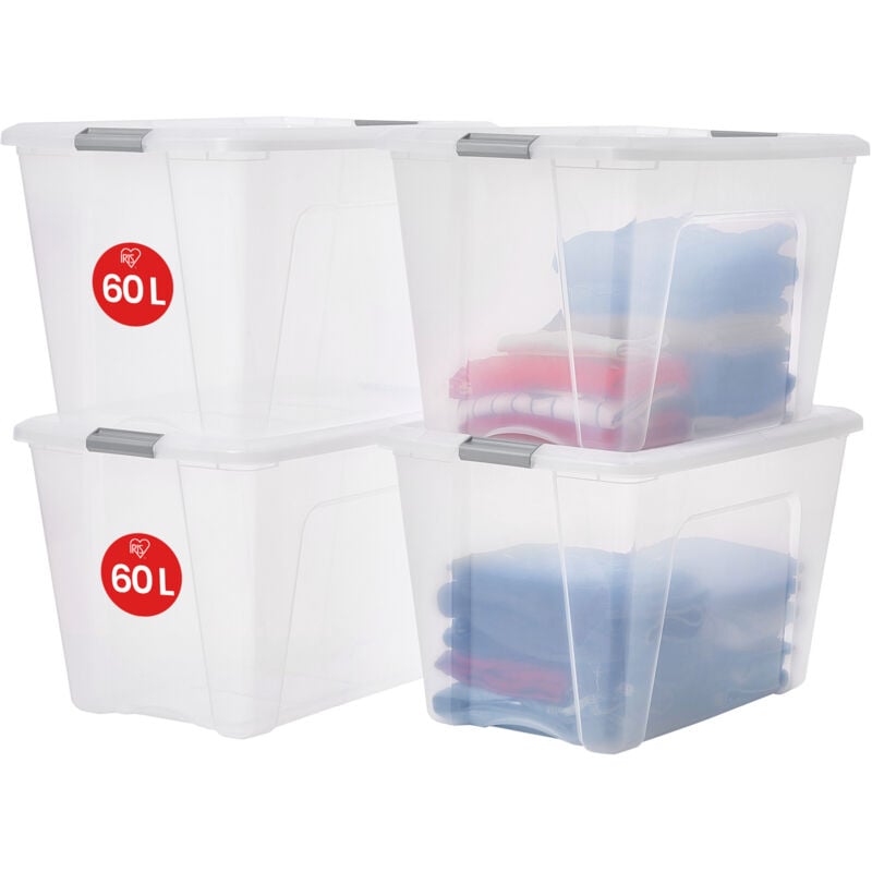 foto del prodotto iris ohyama lotto di 4 scatole portaoggetti in plastica con coperchio, grandi scatole portaoggetti impilabili, 60 l, senza bpa, lavanderia,