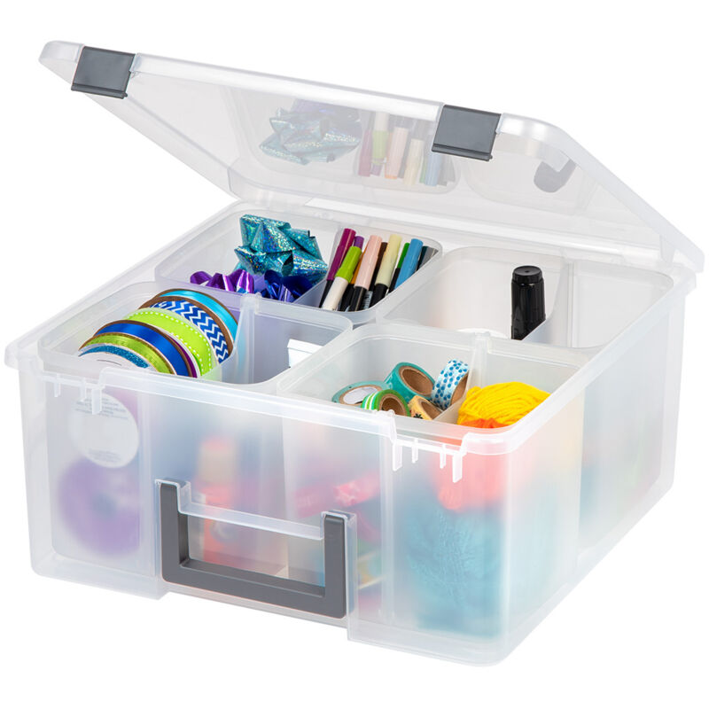 foto del prodotto iris ohyama portable clear plastic storage compartment box with handle, grey, 25l, secure latches, 4 removable inner cups and 4 dividers, for