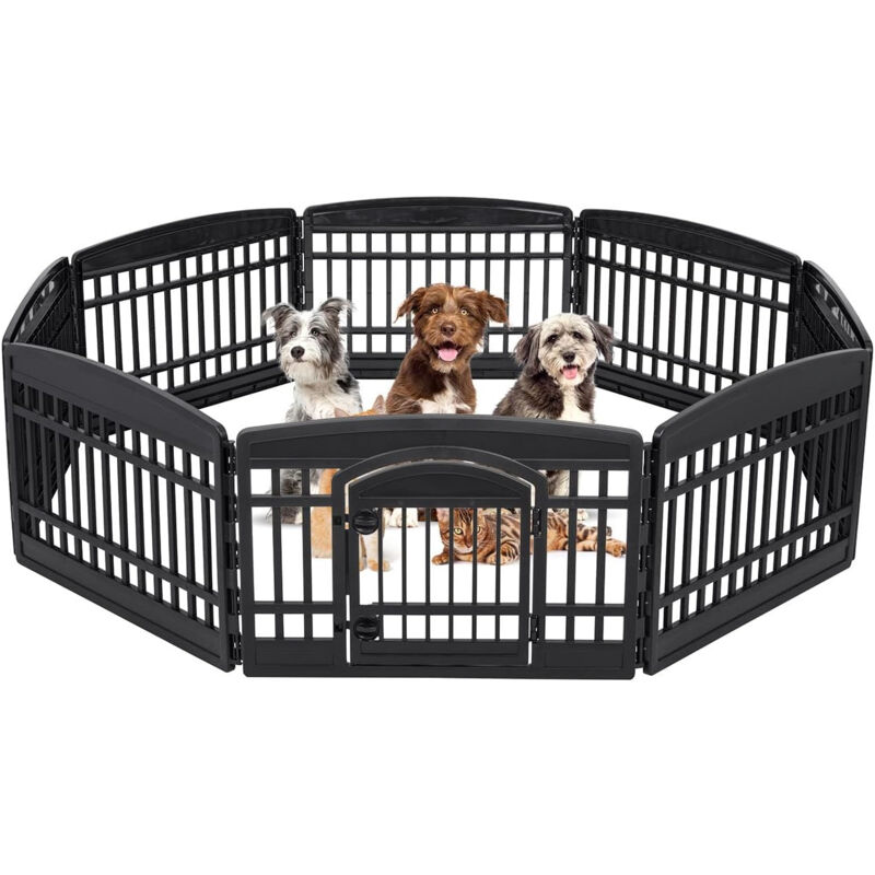 foto del prodotto iris ohyama recinto per cani da interno con porta, a60cm, 8 pannelli, nero, plastica, parco, per cucciolo, gatti, animali domestici, interni,