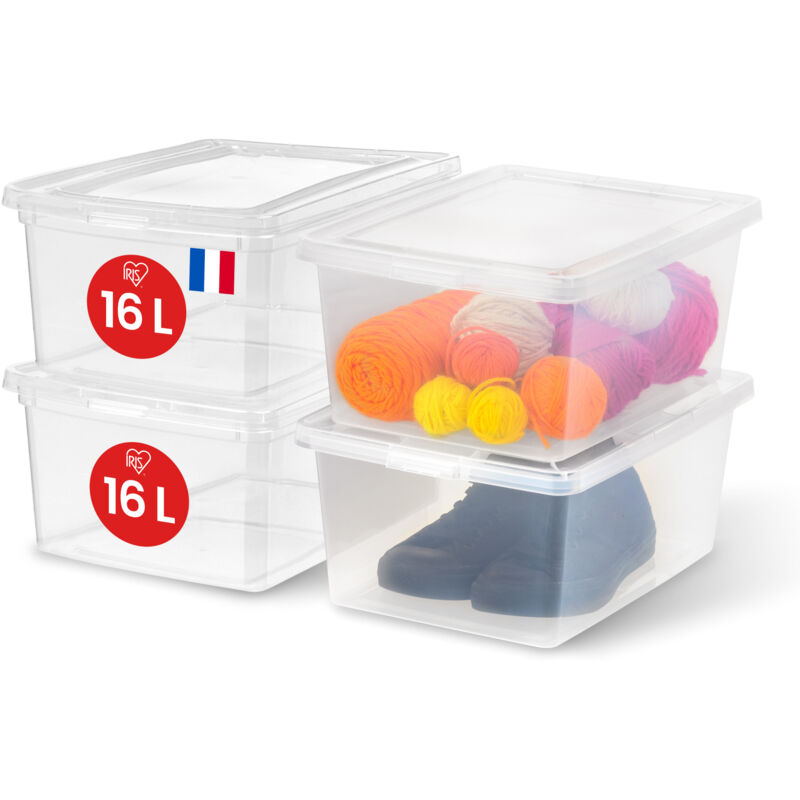 foto del prodotto iris ohyama scatola di plastica multiuso, 16l, lotto di 4, trasparente, chiusura facile, impilabile, per camera da letto, cucina, ufficio, bagno,