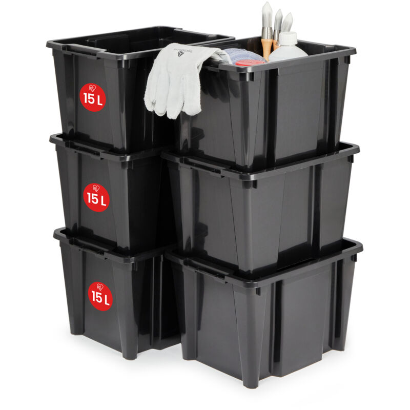 foto del prodotto iris ohyama scatola portaoggetti in plastica, scatola portaoggetti garage 45l, lotto di 6, hb 15, nero, impilabile, senza coperchio l35 x p26,5 x